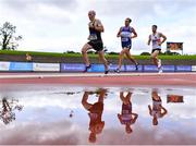 6 September 2020; Athletes, from left, Eoin Mullan of Omagh Harriers, Tyrone, Patrick Brennan of Finn Valley AC, Donegal, and Denis Coughlan of St Finbarrs AC, Cork, competing in the Masters M35 Men's 1500m event during the Irish Life Health National Masters Track and Field Championships at Morton Stadium in Santry, Dublin. Photo by Sam Barnes/Sportsfile
