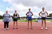 6 September 2020; Athletics Ireland President Georgina Drumm, left, alongside M35 Men's 1500m medallists, from left, Eoin Mullan of Omagh Harriers, Tyrone, bronze, Patrick Brennan of Finn Valley AC, Donegal, gold, and Denis Coughlan of St Finbarrs AC, Cork, silver, during the Irish Life Health National Masters Track and Field Championships at Morton Stadium in Santry, Dublin. Photo by Sam Barnes/Sportsfile