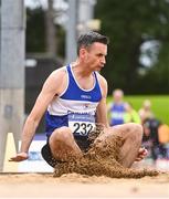 6 September 2020; Patrick Galvin of Finn Valley AC, Donegal, competing in the M45 Men's Long Jump event during the Irish Life Health National Masters Track and Field Championships at Morton Stadium in Santry, Dublin. Photo by Sam Barnes/Sportsfile