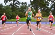 6 September 2020; Anthony Greaney of An Ríocht AC, Kerry, 48, and Garrett Flynn of Leevale AC, Cork, 49, competing in the M45 Men's 200m event during the Irish Life Health National Masters Track and Field Championships at Morton Stadium in Santry, Dublin. Photo by Sam Barnes/Sportsfile