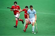6 September 2020; Julte Henry of UCD in action against Stuart Smyth of Cookstown during the Men's Hockey Irish Senior Cup Semi-Final match between Cookstown and UCD at Cookstown Hockey Club in Cookstown, Tyrone. Photo by David Fitzgerald/Sportsfile
