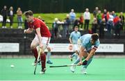 6 September 2020; Guy Sarratt of UCD shoots to score his side's second goal during the Men's Hockey Irish Senior Cup Semi-Final match between Cookstown and UCD at Cookstown Hockey Club in Cookstown, Tyrone. Photo by David Fitzgerald/Sportsfile