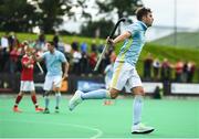 6 September 2020; Guy Sarratt of UCD celebrates after scoring his side's second goal during the Men's Hockey Irish Senior Cup Semi-Final match between Cookstown and UCD at Cookstown Hockey Club in Cookstown, Tyrone. Photo by David Fitzgerald/Sportsfile