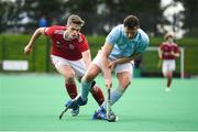 6 September 2020; David Nolan of UCD in action against Jack Haycock of Cookstown during the Men's Hockey Irish Senior Cup Semi-Final match between Cookstown and UCD at Cookstown Hockey Club in Cookstown, Tyrone. Photo by David Fitzgerald/Sportsfile