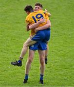 6 September 2020; Connell Dempsey, right, and team-mate Sean Ruttledge of Knockmore celebrate at the final whistle of the Mayo County Senior Football Championship Semi-Final match between Knockmore and Ballina Stephenites at Elvery's MacHale Park in Castlebar, Mayo. Photo by Brendan Moran/Sportsfile