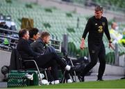 6 September 2020; Republic of Ireland manager Stephen Kenny, right, in conversation with, from left, goalkeeping coach Alan Kelly, coaches Damien Duff and Keith Andrews during the UEFA Nations League B match between Republic of Ireland and Finland at the Aviva Stadium in Dublin. Photo by Stephen McCarthy/Sportsfile