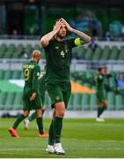 6 September 2020; Shane Duffy of Republic of Ireland reacts after heading over at a corner during the UEFA Nations League B match between Republic of Ireland and Finland at the Aviva Stadium in Dublin. Photo by Seb Daly/Sportsfile