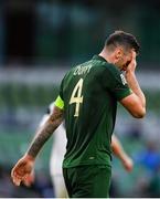 6 September 2020; Shane Duffy of Republic of Ireland reacts after heading over at a corner during the UEFA Nations League B match between Republic of Ireland and Finland at the Aviva Stadium in Dublin. Photo by Seb Daly/Sportsfile