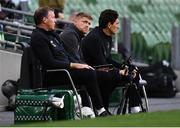 6 September 2020; Republic of Ireland coach Damien Duff, centre, with goalkeeping coach Alan Kelly, left, and coach Keith Andrews, right, during the UEFA Nations League B match between Republic of Ireland and Finland at the Aviva Stadium in Dublin. Photo by Stephen McCarthy/Sportsfile