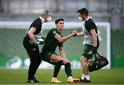 6 September 2020; Callum O’Dowda of Republic of Ireland is assisted by Kevin Mulholland, Republic of Ireland chartered physiotherapist, right, and Dr Alan Byrne, Republic of Ireland team doctor, during the UEFA Nations League B match between Republic of Ireland and Finland at the Aviva Stadium in Dublin. Photo by Stephen McCarthy/Sportsfile