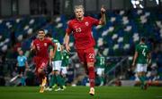 7 September 2020; Erling Braut Haaland of Norway celebrates after scoring his side's second goal during the UEFA Nations League B match between Northern Ireland and Norway at the National Football Stadium at Windsor Park in Belfast. Photo by David Fitzgerald/Sportsfile