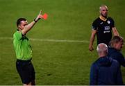 7 September 2020; Referee Rob Harvey shows the red card to Finn Harps manager Ollie Horgan during the SSE Airtricity League Premier Division match between Sligo Rovers and Finn Harps at The Showgrounds in Sligo. Photo by Piaras Ó Mídheach/Sportsfile