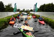 15 September 2020; Irish sprint canoeist Jenny Egan, centre, pictured with Paul Ashmore, Lee Harding and Eoghan O'Huallachain of Monasterevin Blueway Kayak Club, Special Olympics Canoeing Medallist Oisin Feery, Bridge the Gap and Women in Sport Ambassador Jessica Flinter, Kildare Sports Hub Coordinator Debora Foley, Mark Hoare of UCD Kayak Club, Canoeing Ireland Training Centre Instructor Graham Connor, Lynda Byron Board of Canoeing Ireland and Canoeing Ireland CEO Moira Aston at the launch of the #BeActive Paddle day at Monasterevin on the Grand Canal in Kildare. For the European Week of Sport (23rd-30th September), Canoeing Ireland, in partnership with Sport Ireland, wants to get people out and active on the water. The #BeActive Paddle Day takes place on Saturday, 26th September, with over 30 Canoeing Ireland affiliated clubs and Outdoor Education Centres across the country hosting beginner sessions for the public in their area to come and try paddlesports. Further event details and a map of nationwide locations are available on the Canoeing Ireland website at canoe.ie. Photo by Harry Murphy/Sportsfile