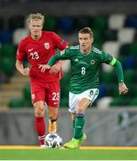 7 September 2020; Steven Davis of Northern Ireland in action against Erling Braut Haaland of Norway during the UEFA Nations League B match between Northern Ireland and Norway at the National Football Stadium at Windsor Park in Belfast. Photo by Stephen McCarthy/Sportsfile