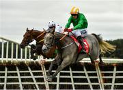 8 September 2020; Duffle Coat, with Keith Donoghue up, jumps the last on their way to winning the Sanctuary Synthetics 3-Y-O Maiden Hurdle at Punchestown Racecourse in Kildare. Photo by Seb Daly/Sportsfile