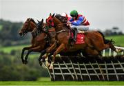 8 September 2020; Bigz Belief, right, with Dillon Maxwell up, jumps the third alongside Sister Eliza, left, with Denis O'Regan up, Poets Touch, with Darragh O'Keeffe up, and Crassus, hidden, with Sean Flanagan up, during the Sanctuary Synthetics 3-Y-O Maiden Hurdle at Punchestown Racecourse in Kildare. Photo by Seb Daly/Sportsfile