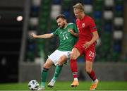 7 September 2020; Stuart Dallas of Northern Ireland in action against Erling Braut Haaland of Norway during the UEFA Nations League B match between Northern Ireland and Norway at the National Football Stadium at Windsor Park in Belfast. Photo by Stephen McCarthy/Sportsfile