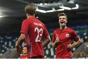 7 September 2020; Alexander Sørloth, right, celebrates with Norway team-mate Erling Braut Haaland after scoring their fourth goal during the UEFA Nations League B match between Northern Ireland and Norway at the National Football Stadium at Windsor Park in Belfast. Photo by Stephen McCarthy/Sportsfile