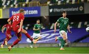 7 September 2020; Erling Braut Haaland of Norway shoots to score his side's fifth goal during the UEFA Nations League B match between Northern Ireland and Norway at the National Football Stadium at Windsor Park in Belfast. Photo by Stephen McCarthy/Sportsfile