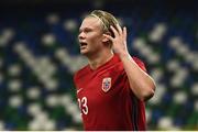 7 September 2020; Erling Braut Haaland of Norway celebrates after scoring his side's fifth goal during the UEFA Nations League B match between Northern Ireland and Norway at the National Football Stadium at Windsor Park in Belfast. Photo by Stephen McCarthy/Sportsfile