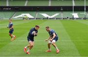 11 September 2020; Garry Ringrose, left, and Jack Conan during the Leinster Rugby captains run at the Aviva Stadium in Dublin. Photo by Ramsey Cardy/Sportsfile