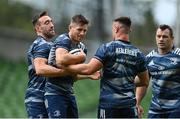 11 September 2020; Jack Conan, left, Ross Byrne, centre, and Rónan Kelleher during the Leinster Rugby captains run at the Aviva Stadium in Dublin. Photo by Ramsey Cardy/Sportsfile