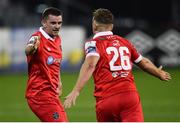 11 September 2020; Dan Byrne, left, of Shelbourne celebrates after scoring his side's first goal with team-mate Georgie Poynton during the SSE Airtricity League Premier Division match between Dundalk and Shelbourne at Oriel Park in Dundalk, Louth. Photo by Ben McShane/Sportsfile