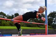 12 September 2020; Geraldine Finegan of North East Runners AC, Louth, competing in the High Jump event of the W50 Women's Quadrathlon  during day one of the Irish Life Health Combined Event Championships at Morton Stadium in Santry, Dublin. Photo by Sam Barnes/Sportsfile