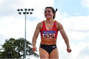 12 September 2020; Anna McCauley of City of Lisburn AC, Down, celebrates a clearance whilst competing in the High Jump event of the Senior Women's Heptathlon  during day one of the Irish Life Health Combined Event Championships at Morton Stadium in Santry, Dublin. Photo by Sam Barnes/Sportsfile