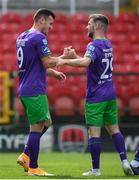 12 September 2020; Aaron Greene, left, is congratulated by Shamrock Rovers team-mate Jack Byrne after scoring their opening goal during the SSE Airtricity League Premier Division match between Cork City and Shamrock Rovers at Turners Cross in Cork. Photo by Stephen McCarthy/Sportsfile
