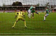 12 September 2020; Aaron Greene of Shamrock Rovers heads his side's first goal past Cork City goalkeeper Mark McNulty during the SSE Airtricity League Premier Division match between Cork City and Shamrock Rovers at Turners Cross in Cork. Photo by Stephen McCarthy/Sportsfile