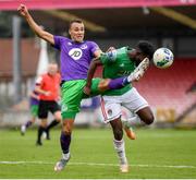 12 September 2020; Henry Ochieng of Cork City in action against Graham Burke of Shamrock Rovers during the SSE Airtricity League Premier Division match between Cork City and Shamrock Rovers at Turners Cross in Cork. Photo by Stephen McCarthy/Sportsfile