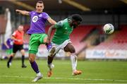 12 September 2020; Henry Ochieng of Cork City in action against Graham Burke of Shamrock Rovers during the SSE Airtricity League Premier Division match between Cork City and Shamrock Rovers at Turners Cross in Cork. Photo by Stephen McCarthy/Sportsfile