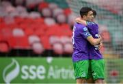 12 September 2020; Neil Farrugia, left, is congratulated by Shamrock Rovers team-mate Jack Byrne after scoring their third goal during the SSE Airtricity League Premier Division match between Cork City and Shamrock Rovers at Turners Cross in Cork. Photo by Stephen McCarthy/Sportsfile