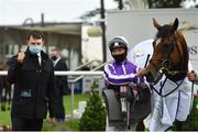 12 September 2020; Trainer Aidan O'Brien, left, jockey Seamie Heffernan and Magical in the winners enclosure following victory in the Irish Champion Stakes during day one of The Longines Irish Champions Weekend at Leopardstown Racecourse in Dublin. Photo by Seb Daly/Sportsfile
