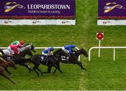 12 September 2020; Halimi, with Kevin Manning up, passes the post ahead of second place Shoshone Warrior, with Wayne Lordan up, to win the Irish Stallion Farms EBF 'Petingo' Handicap during day one of The Longines Irish Champions Weekend at Leopardstown Racecourse in Dublin. Photo by Seb Daly/Sportsfile