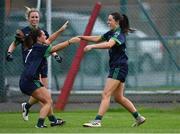 12 September 2020; Foxrock Cabinteely players Sinéad Goldrick, right, Lorna Fuscardi and Fiona Claffey, behind, celebrate after the Dublin County Senior Ladies Football Championship Final match between Foxrock Cabinteely and Kilmacud Crokes at Lawless Memorial Park in Fingallians GAA, Swords, Dublin. Photo by Piaras Ó Mídheach/Sportsfile
