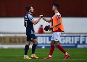 12 September 2020; Shane Griffin of St Patrick's Athletic, right, and Ronan Coughlan of Sligo Rovers fist-bump following the SSE Airtricity League Premier Division match between St. Patrick's Athletic and Sligo Rovers at Richmond Park in Dublin. Photo by Ben McShane/Sportsfile