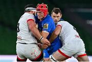 12 September 2020; Josh van der Flier of Leinster is tackled by Marcell Coetzee and Alan O'Connor of Ulster during the Guinness PRO14 Final match between Leinster and Ulster at the Aviva Stadium in Dublin. Photo by Brendan Moran/Sportsfile