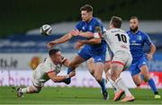 12 September 2020; Ross Byrne of Leinster is tackled by James Hume, left, and Billy Burns of Ulster during the Guinness PRO14 Final match between Leinster and Ulster at the Aviva Stadium in Dublin. Photo by Brendan Moran/Sportsfile