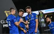 12 September 2020; Jonathan Sexton, left, Ross Byrne, right, and Garry Ringrose of Leinster celebrate after the Guinness PRO14 Final match between Leinster and Ulster at the Aviva Stadium in Dublin. Photo by Ramsey Cardy/Sportsfile