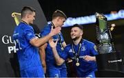 12 September 2020; Jonathan Sexton, left, Robbie Henshaw, right, and Garry Ringrose of Leinster celebrate after the Guinness PRO14 Final match between Leinster and Ulster at the Aviva Stadium in Dublin. Photo by Ramsey Cardy/Sportsfile