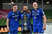 12 September 2020; Leinster players, from left, James Ryan, Scott Fardy and Devin Toner, with the Guinness PRO14 trophy following the Guinness PRO14 Final match between Leinster and Ulster at the Aviva Stadium in Dublin. Photo by Ramsey Cardy/Sportsfile