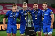 12 September 2020; Leinster players, from left, Josh van der Flier, Caelan Doris, Jack Conan and Will Connors, with the Guinness PRO14 trophy following the Guinness PRO14 Final match between Leinster and Ulster at the Aviva Stadium in Dublin. Photo by Ramsey Cardy/Sportsfile