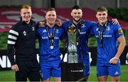12 September 2020; Leinster players, from left, Ciarán Frawley, Rory O'Loughlin, Robbie Henshaw and Garry Ringrose, with the Guinness PRO14 trophy following the Guinness PRO14 Final match between Leinster and Ulster at the Aviva Stadium in Dublin. Photo by Ramsey Cardy/Sportsfile