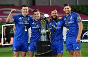 12 September 2020; Leinster players, from left, Jonathan Sexton, Luke McGrath, Jamison Gibson-Park and Ross Byrne, with the Guinness PRO14 trophy following the Guinness PRO14 Final match between Leinster and Ulster at the Aviva Stadium in Dublin. Photo by Ramsey Cardy/Sportsfile