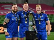 12 September 2020; Leinster players, from left, Andrew Porter, Rory O'Loughlin and James Tracy, with the Guinness PRO14 trophy following the Guinness PRO14 Final match between Leinster and Ulster at the Aviva Stadium in Dublin. Photo by Ramsey Cardy/Sportsfile