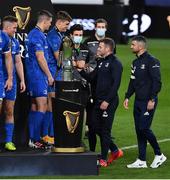 12 September 2020; Fergus McFadden and Rob Kearney of Leinster are presented with their medals by team-mates Jonathan Sexton and Garry Ringrose after the Guinness PRO14 Final match between Leinster and Ulster at the Aviva Stadium in Dublin. Photo by Brendan Moran/Sportsfile