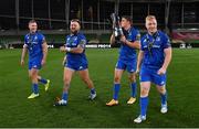 12 September 2020; Leinster players, from left, Rory O'Loughlin, Andrew Porter, Garry Ringrose and James Tracy with the Guinness PRO14 trophy following the Guinness PRO14 Final match between Leinster and Ulster at the Aviva Stadium in Dublin. Photo by Ramsey Cardy/Sportsfile