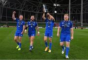 12 September 2020; Leinster players, from left, Rory O'Loughlin, Andrew Porter, Garry Ringrose and James Tracy with the Guinness PRO14 trophy following the Guinness PRO14 Final match between Leinster and Ulster at the Aviva Stadium in Dublin. Photo by Ramsey Cardy/Sportsfile